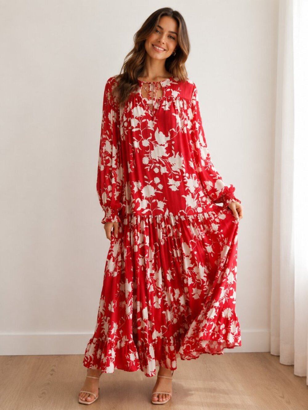 Johanna Ortiz X H &M Tiered Red White Floral Dress Maxi M Oversized